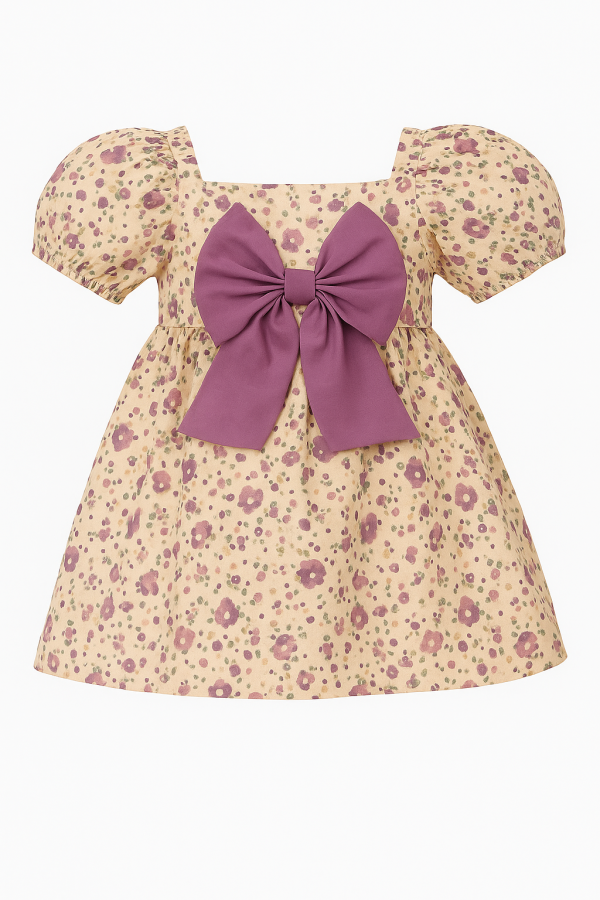 Toddler Girls Puff Sleeve Floral Dress with Big Bow - Image 2