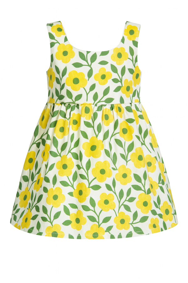 Toddler girl floral summer outfit featuring a sleeveless dress with gathered skirt and matching sun hat, made from breathable cotton for warm weather.