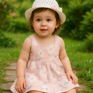 Baby girl in pink floral summer dress and white sun hat- toddler outfit for photoshoots, birthdays, and summer wear.