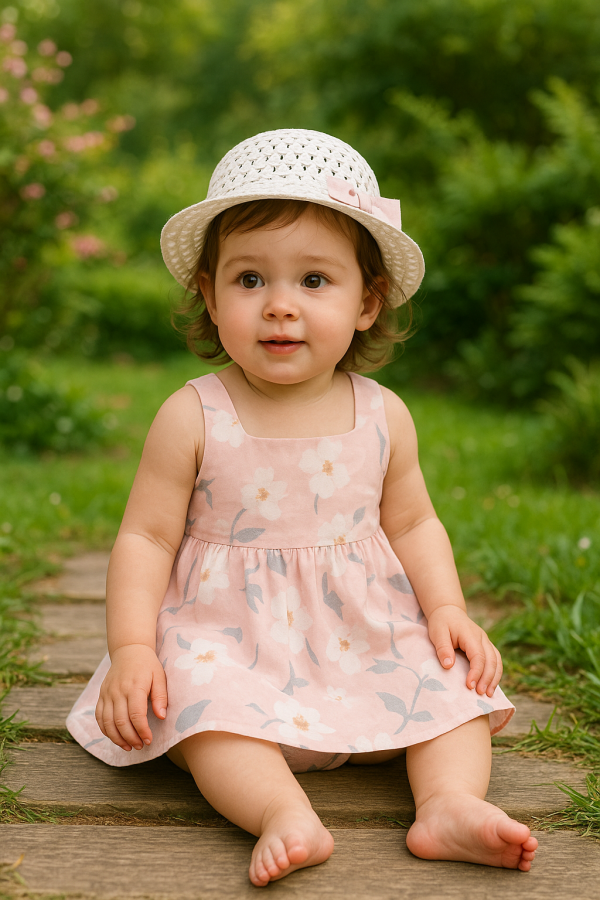 Baby girl in pink floral summer dress and white sun hat- toddler outfit for photoshoots, birthdays, and summer wear.