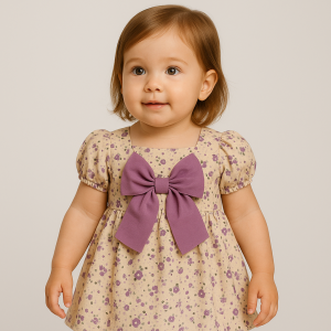 Toddler girl in a pastel puff- sleeve dress with a large pink bow.