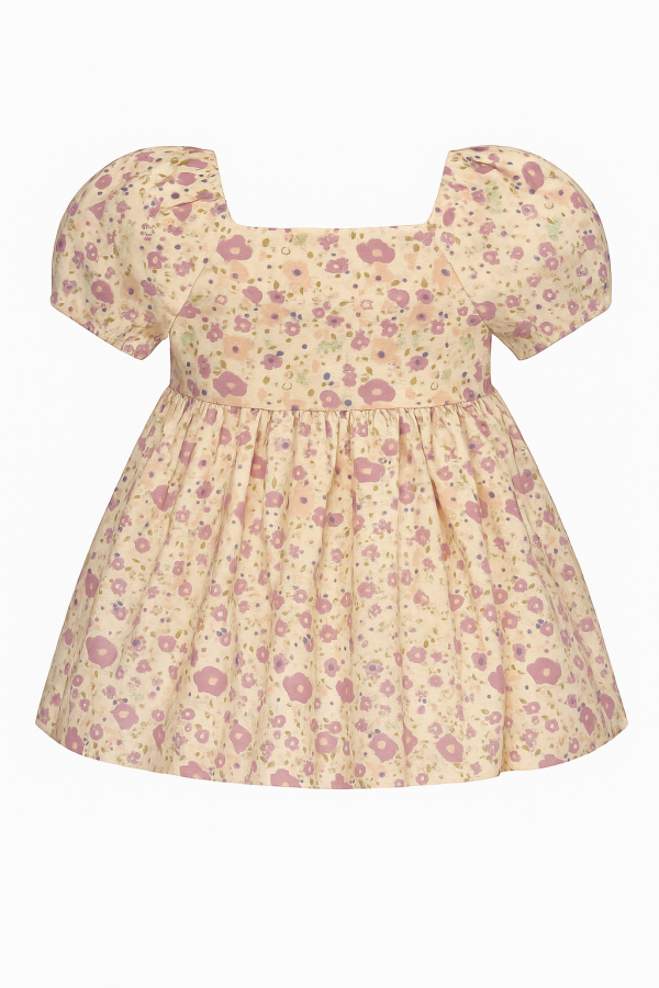 Toddler Girls Puff Sleeve Floral Dress with Big Bow - Image 5