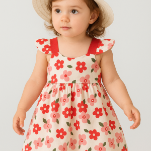 Toddler girl wearing a red floral sleeveless summer dress with matching sun hat, perfect for outdoor paly and warm- weather outings.