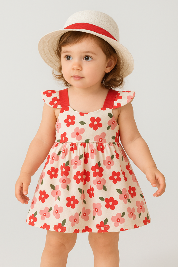 Toddler girl wearing a red floral sleeveless summer dress with matching sun hat, perfect for outdoor paly and warm- weather outings.