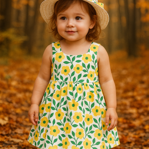 Toddler girl floral summer outfit featuring a sleeveless dress with gathered skirt and matching sun hat, made from breathable cotton for warm weather.