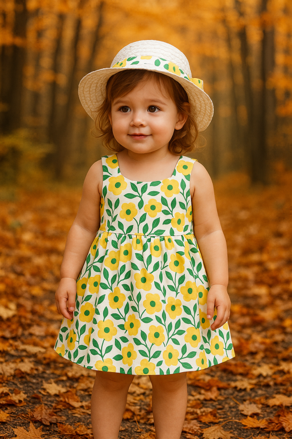 Toddler girl floral summer outfit featuring a sleeveless dress with gathered skirt and matching sun hat, made from breathable cotton for warm weather.