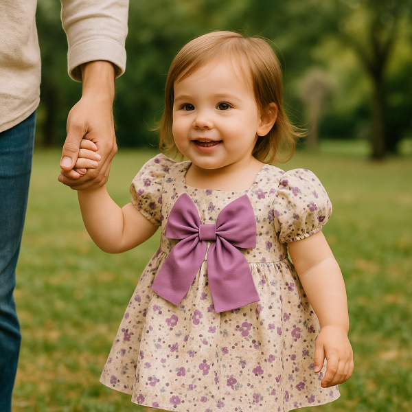 Toddler Girls Puff Sleeve Floral Dress with Big Bow - Image 3