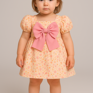 Toddler Girls Puff Sleeve Floral Dress with Big Bow - 12 Months, Pink