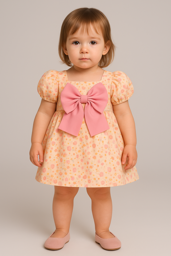 Toddler Girls Puff Sleeve Floral Dress with Big Bow - Image 8