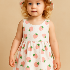 Toddler girls sleeveless fruit- print summer dress and matching hat.