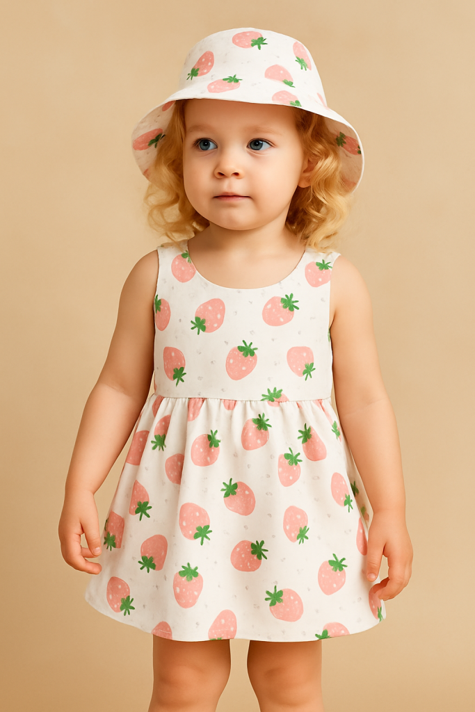 Toddler girls sleeveless fruit- print summer dress and matching hat.