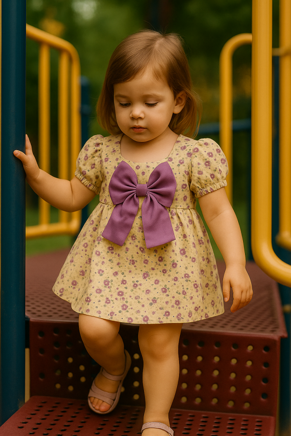 Toddler Girls Puff Sleeve Floral Dress with Big Bow - Image 4